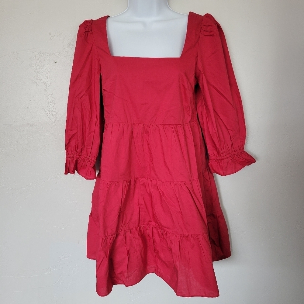 Day + Moon NWT Women's Small Red Quarter Sleeve Mini Dress Square Neck Tiered